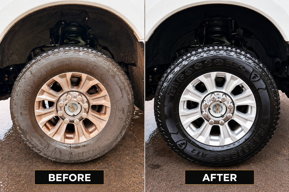 Before and after comparison of a Firestone tire showing a dull, untreated sidewall versus a deep black, glossy finish after applying tire shine.